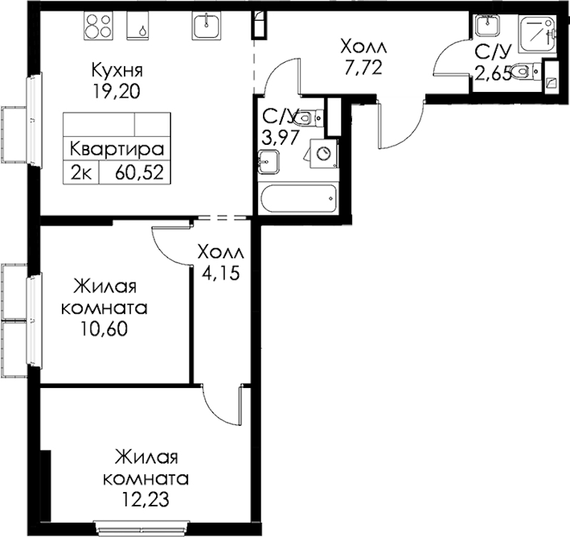 2-комнатная квартира 60.52 м², 6/15 эт., ЖК «Янинский лес»